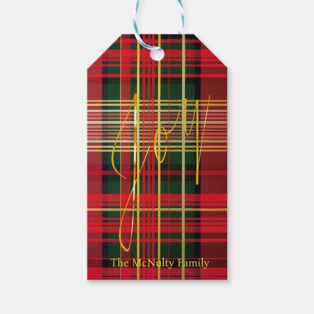 Klassisk tartan "Joy" Calligraphy Decorative Presentetikett (Framsidan)