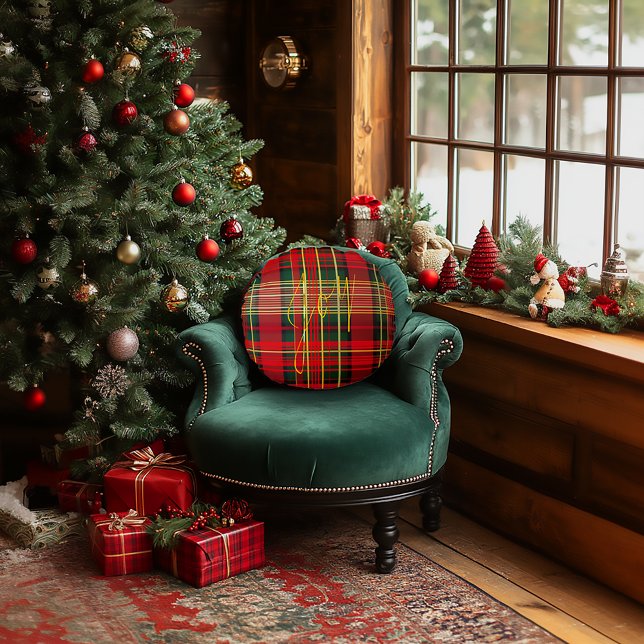 Klassisk tartan "Joy" Calligraphy Decorative Rund Kudde (Stylish Classic Christmas Red and Green Tartan Joy Pillow )