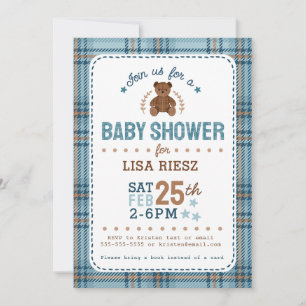 Klassisk Tartan Plaid Teddybjörn Bebis Shower Inbjudningar