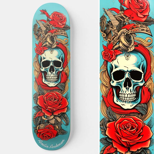 Klassisk tattoart Skull Ro Nautical Inslag Mini Skateboard Bräda 18,5 Cm (Classic Tattoo Art Skull Rose Nautical Elements Skateboard)