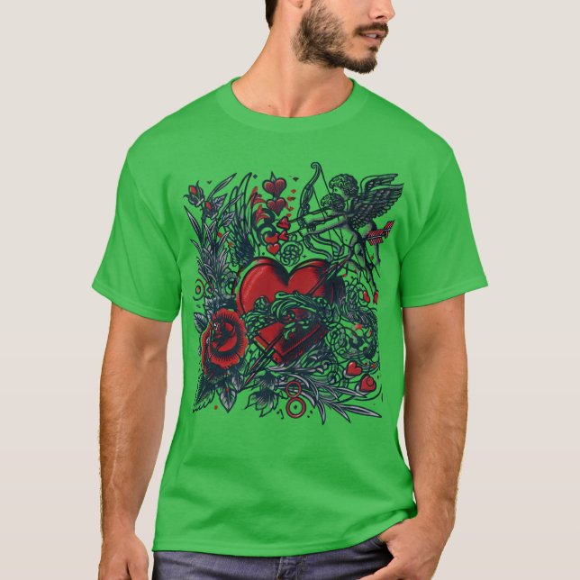 Klassisk Tattoo Kärlek: Heart & Cupid T-Shirt Desi (Framsida)
