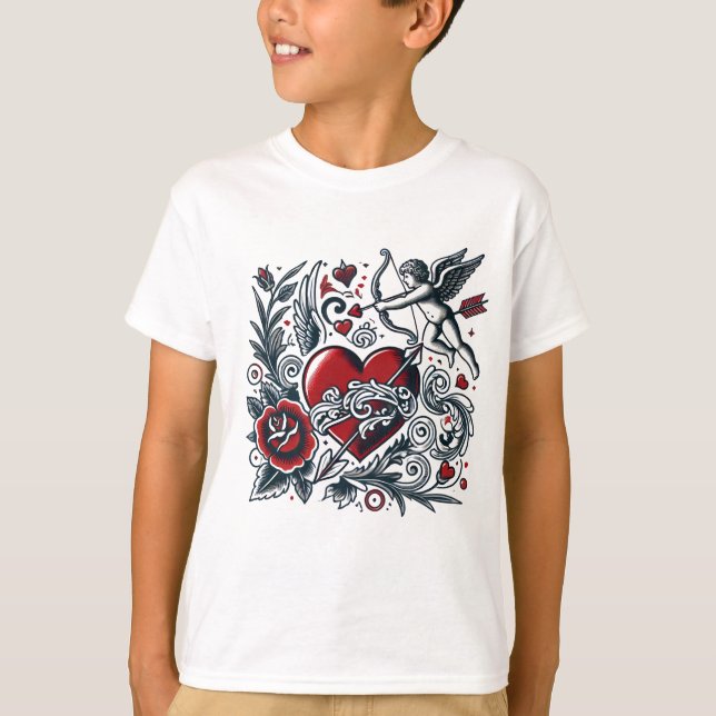 Klassisk Tattoo Kärlek: Heart & Cupid T-Shirt Desi (Framsida)