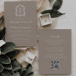Klassisk Taupe Monogram Krön QR-kod Bröllop Inbjudningar