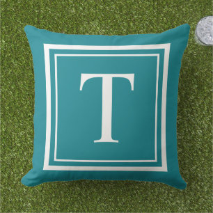 Klassisk Teal Vit Fyrkantig Ram Monogram Kudde