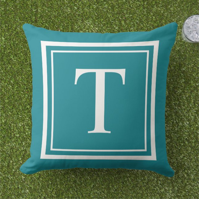 Klassisk Teal Vit Fyrkantig Ram Monogram Kudde (Gräs)