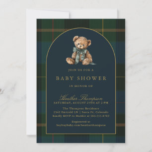 Klassisk teddybjörn Grön och blå rutig babyfest Inbjudningar