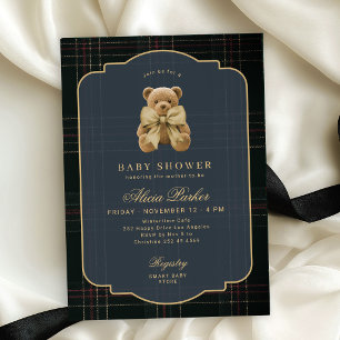 Klassisk teddybjörn mörk marinblå guld baby shower inbjudningar
