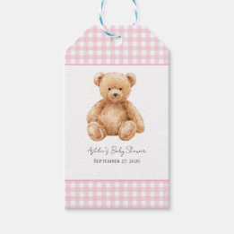 Klassisk Teddybjörn Rosa Gingham Baby Shower Presentetikett