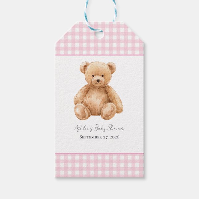 Klassisk Teddybjörn Rosa Gingham Baby Shower  Presentetikett (Framsidan)