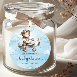 Klassisk Teddybjörnspilot Blå Brun Bebis Shower Runt Klistermärke