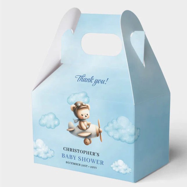 Klassisk Teddybjörnspilot Blå Brun Pojke Dopp  Presentaskar (Sweet Boy Shower Aviator Bear Blue Brown Box)