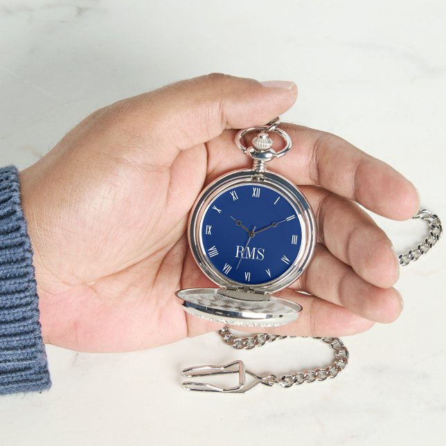 Klassisk tidbit - marinblå Silver-monogrampockett Armbandsur (Classic Timepiece Navy Blue Silver Monogram Pocket Watch)