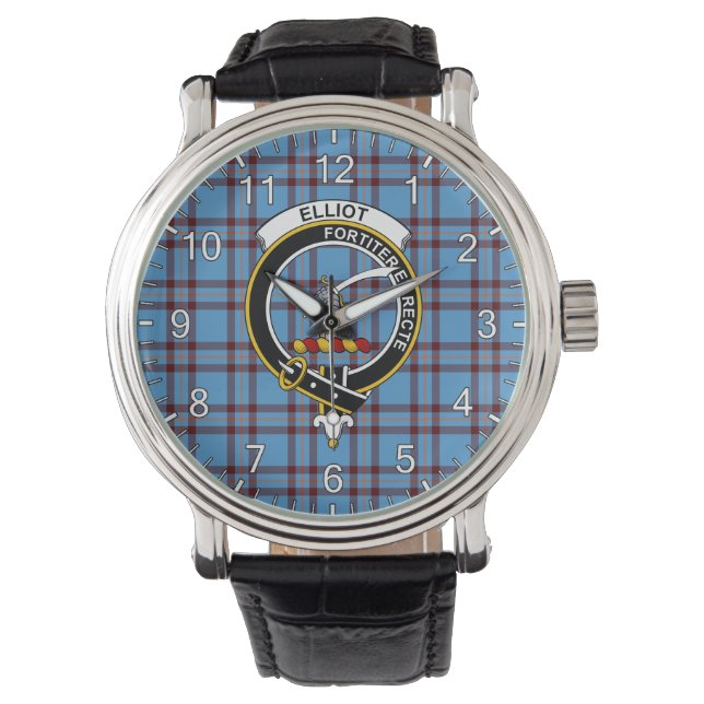 Klassisk tidslös Klan Elliot Ancient Tartan Badge Armbandsur (Framsida)
