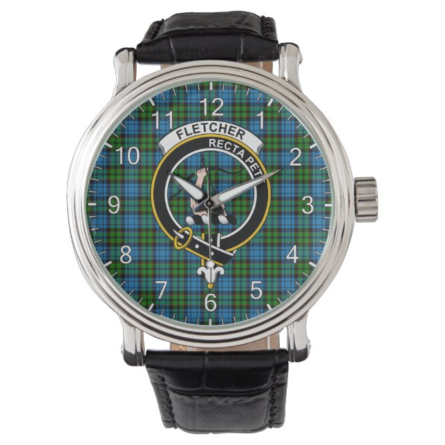 Klassisk tidslös Klan Fletcher Ancient Tartan Badg Armbandsur (Framsida)