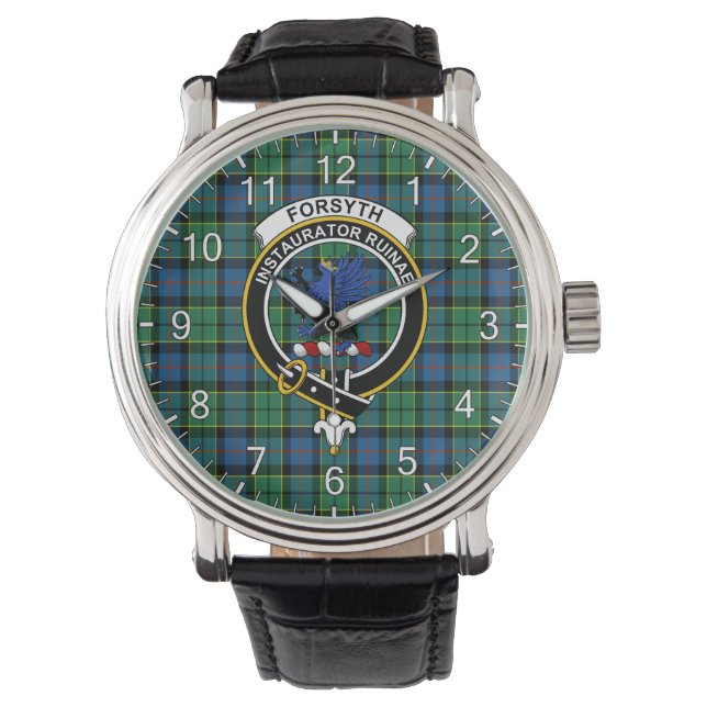 Klassisk tidslös Klan Forsyth Ancient Tartan Badge Armbandsur (Framsida)