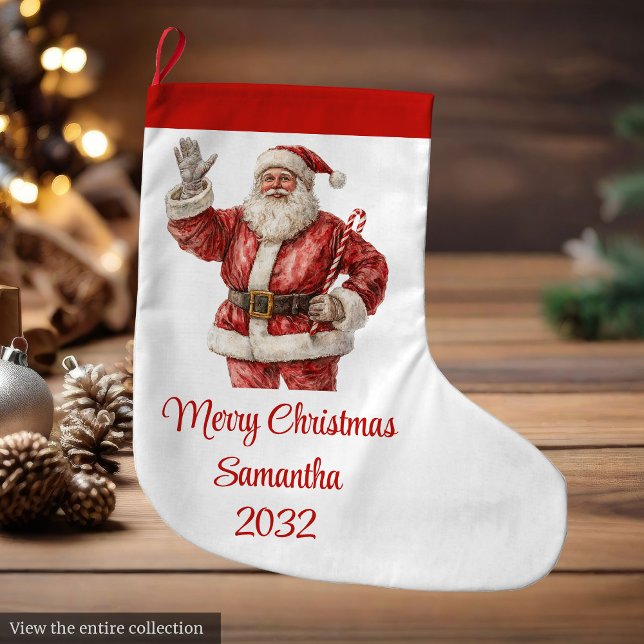 Klassisk Tomte Vattenfärg Modern Jul  Stor Julstrumpa (Classic Santa Claus Watercolor Modern Holiday Stocking)
