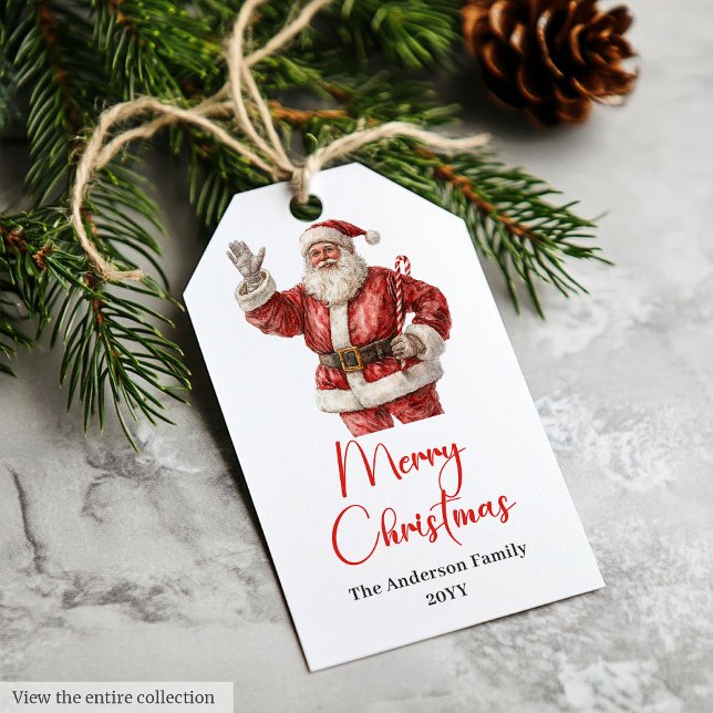 Klassisk Tomte Vattenfärg Modern Julpresentetikett Presentetikett (Classic Santa Claus Watercolor Modern Holiday Tag)