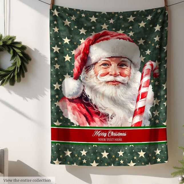 Klassisk tomtefärgstext, svartvit monogram fleecefilt (Charming Watercolor Classic Santa Claus Blanket)