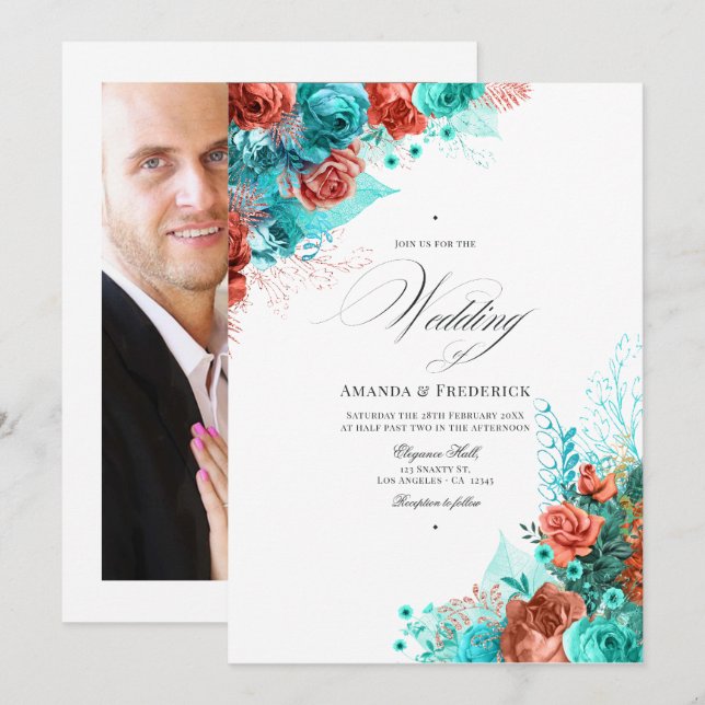 Klassisk turkos och korall blommande bröllopsfoto inbjudningar (Fram/baksida)