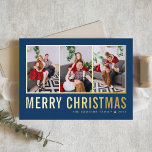 Klassisk typografi Foto Collage Blue-jul<br><div class="desc">God jul! Skicka ditt varma önskemål den här säsongen med det här anpassadet ett jullokertecken. Den har enkel typografi i blå bakgrund. Anpassa genom att lägga till tre foton,  namn,  år och annan information. Detta moderna julkort för folie från guld finns i andra färg och andra djurhållare.</div>