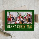 Klassisk typografi Photo Collage Grönt jul<br><div class="desc">God jul! Skicka ditt varma önskemål den här säsongen med det här anpassadet ett jullokertecken. Den har enkel typografi på gröntens bakgrund. Anpassa genom att lägga till tre foton,  namn,  år och annan information. Detta moderna julkort för folie från guld finns i andra färg och andra djurhållare.</div>