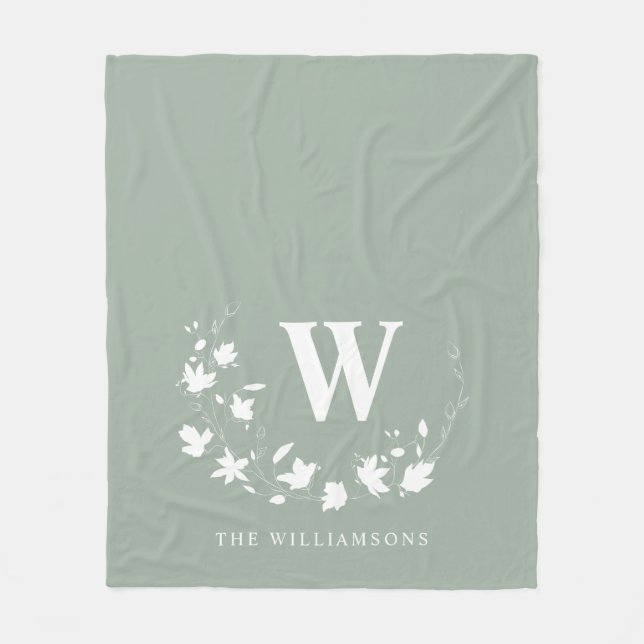 Klassisk utandning av Monogram Namn Blommigt i Grö Fleecefilt (Framsidan)