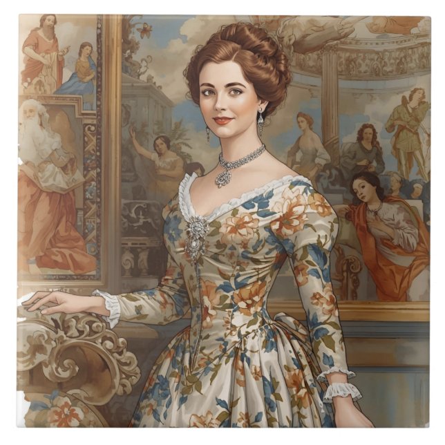 Klassisk, vacker prinsessa med Blommigt accenter Kakelplatta (Framsidan)