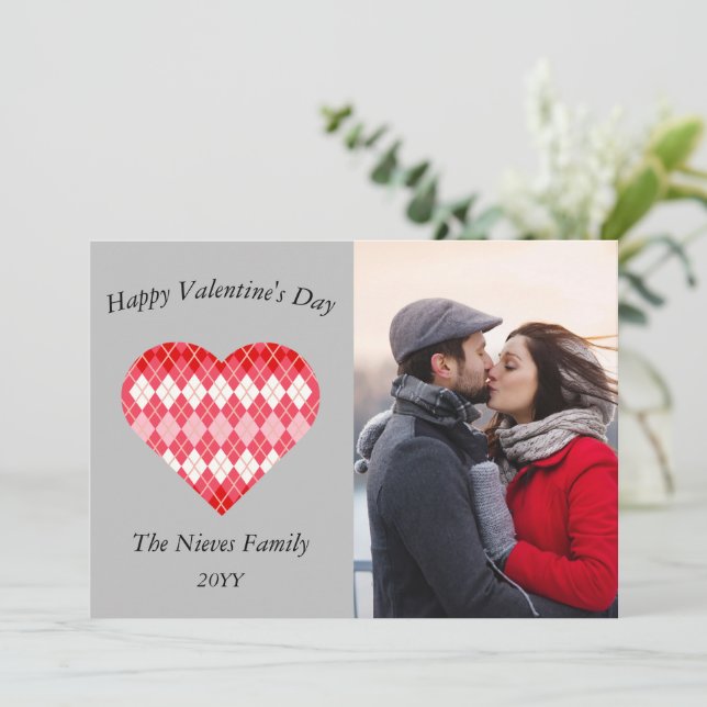 Klassisk valentinröd och rosa argyle (grå) julkort (Stående Fram)