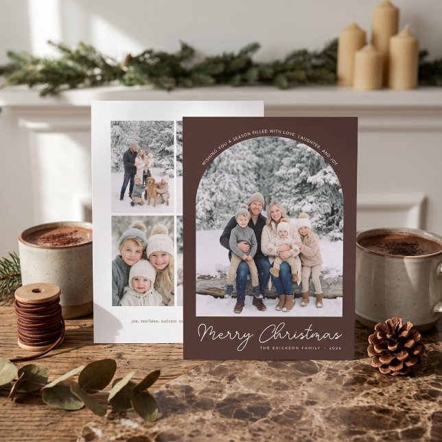 Klassisk välvd Merry Christmas fotokort Brun Julkort (Skapare uppladdad)