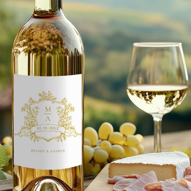 Klassisk Vapensköld för Blommigt i Guld, Monogram  Vinflaska Etikett (Skapare uppladdad)