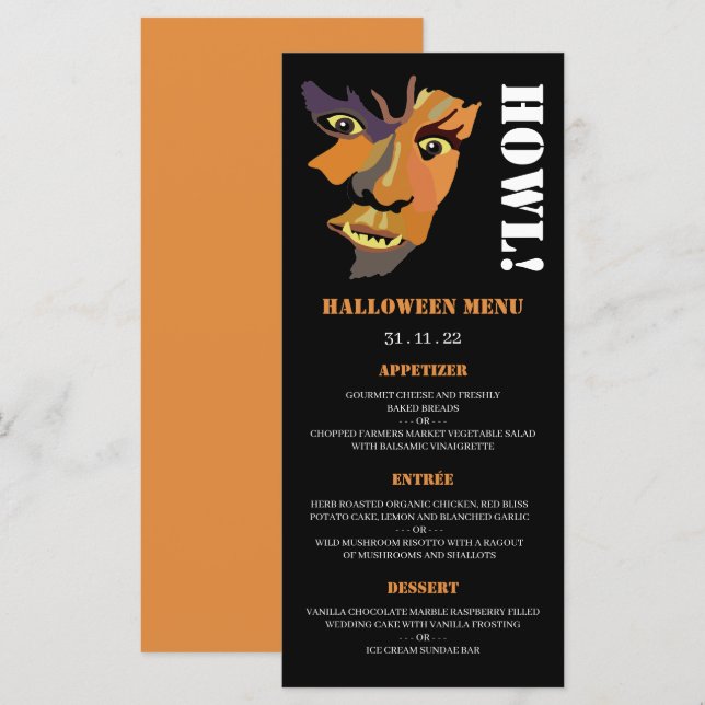 Klassisk varulv, Halloween fest Menu Meny (Fram/baksida)