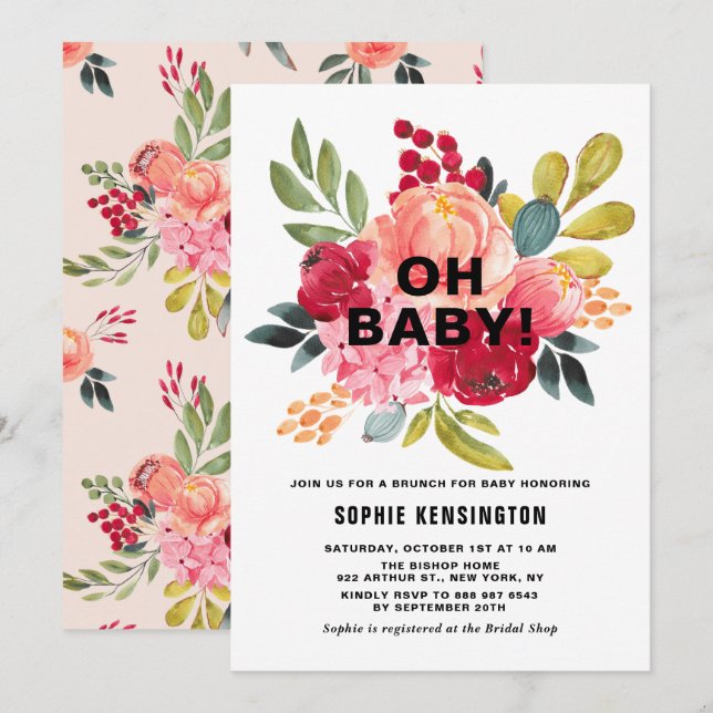 Klassisk vattenfärgsblommor Baby Shower Brunch Inbjudningar (Fram/baksida)