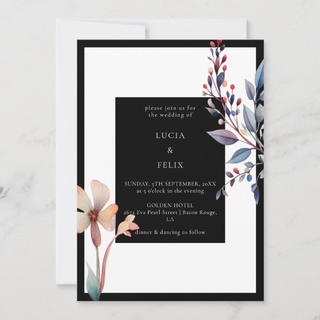 Klassisk vattentorfärg, svart Blommigt, minimalist Inbjudningar (Framsida)