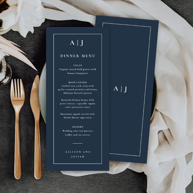 Klassisk vigselmonogram middag meny (Classic navy blue wedding monogram dinner or bar menu.)
