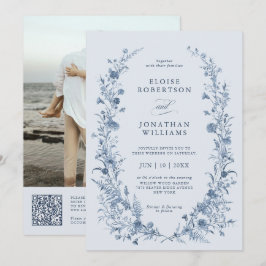 Klassisk viktoriansk blå fransk QR-kod bröllop Inbjudningar