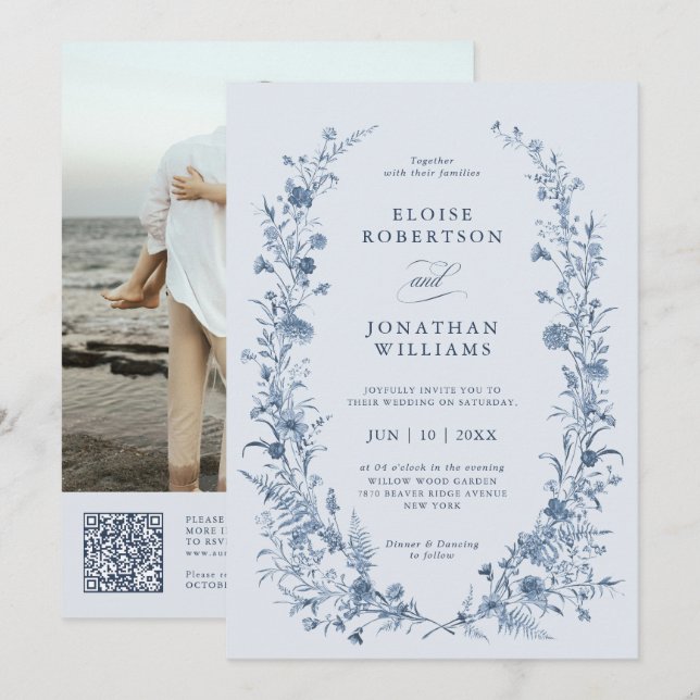 Klassisk viktoriansk blå fransk QR-kod bröllop Inbjudningar (Fram/baksida)