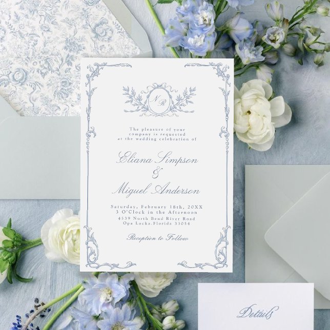 Klassisk Vintage Baroque Victorian Blue bröllop Inbjudningar (Skapare uppladdad)