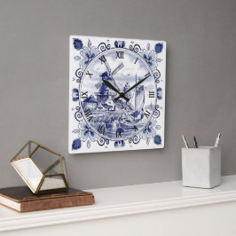 Klassisk Vintage Chic Holländsk Vindkraft Delft Bl Fyrkantig Klocka