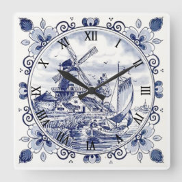 Klassisk Vintage Chic Nederländska Kvarn Delft Blu Fyrkantig Klocka