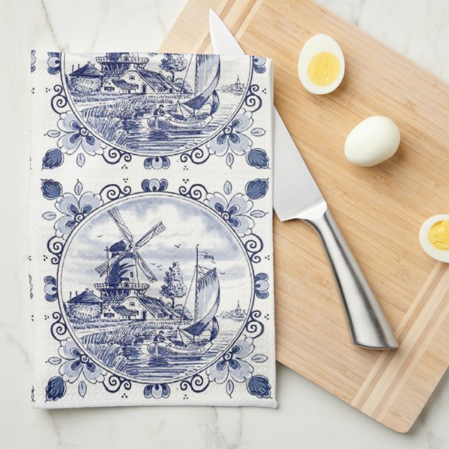 Klassisk Vintage Chic Nederländska Kvarn Delft Blu Kökshandduk (Vikt i Fjärdedel)