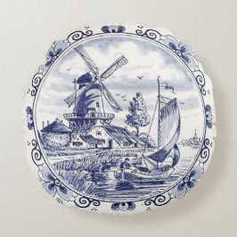 Klassisk Vintage Chic Nederländska Kvarn Delft Blu Rund Kudde