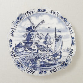 Klassisk Vintage Chic Nederländska Kvarn Delft Blu Rund Kudde
