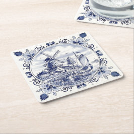 Klassisk Vintage Chic Nederländska Kvarn Delft Blu Underlägg Papper Kvadrat