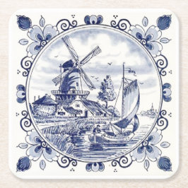 Klassisk Vintage Chic Nederländska Kvarn Delft Blu Underlägg Papper Kvadrat