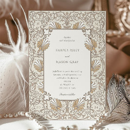 Klassisk Vintage Cream & Guld Blommigt Bröllop Inbjudningar