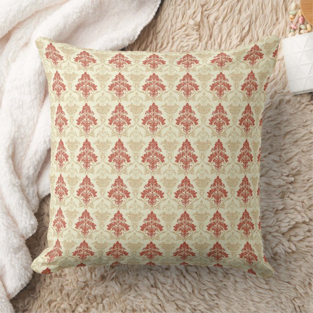 Klassisk Vintage Damask Röd Grön Beige Kudde (Filt)