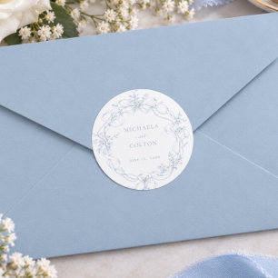 Klassisk Vintage Dammtor Blå Blommig Krans Bröllop Runt Klistermärke