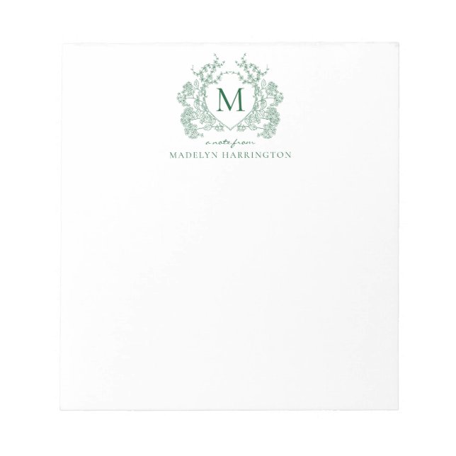 Klassisk Vintage Grön Blommig Vapen Monogram Anteckningsblock (Framsida)