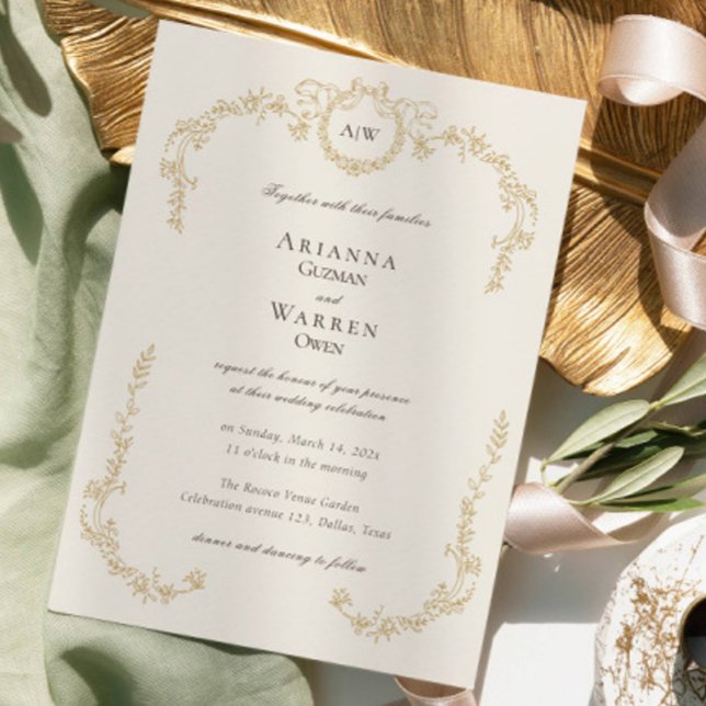 Klassisk Vintage Guld Monogram Bröllop  Inbjudningar (Classic Vintage Gold Monogram Wedding Invitation)