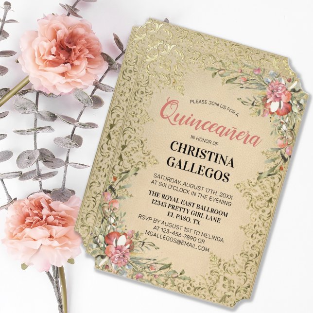 Klassisk Vintage Guld Rosa Blommigt Quinceanera Inbjudningar (CLASSIC VINTAGE GOLD PINK FLORAL QUINCEANERA INVITATION)